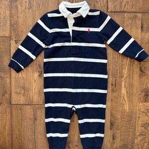 Ralph Lauren Baby Boy Striped Rugby Coverall Navy White Size 12 Months